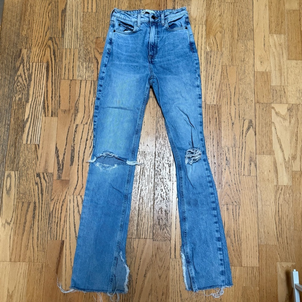 ZARA High Rise Distressed Boot Cut Jeans Medium Wash size 0